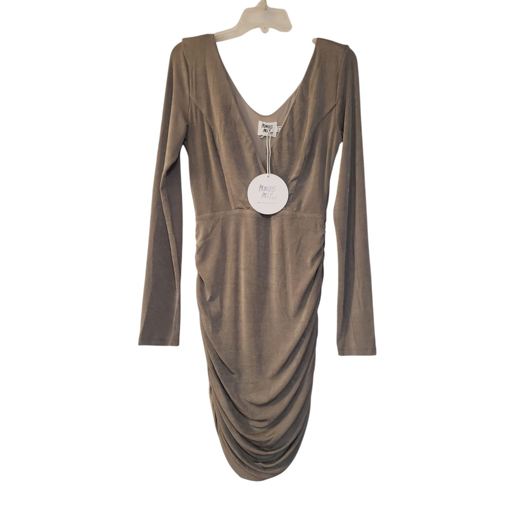 Princess Polly Ruched Bodycon Mini Dress Womens Gray 8 Long Sleeve V‎ Neck Party
